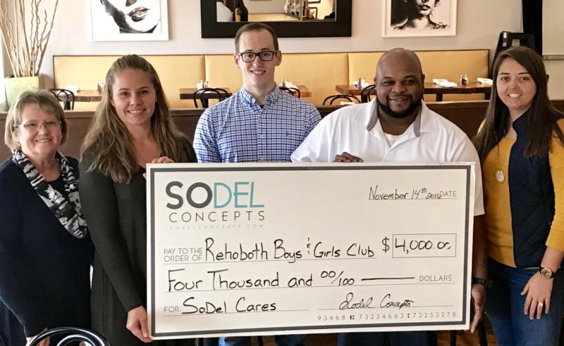 SoDel Cares donated $4,000 to the Rehoboth Beach Boys & Girls Club. Shown are (l-r) Millie Charnick, regional director for Sussex County and executive director of Rehoboth Beach Boys & Girls Club; Lindsey Barry, controller for SoDel Concepts; Chris Carmean, manager of Lupo Italian Kitchen, a SoDel Concepts restaurant; Demaris Miller, program director of the Rehoboth Beach Boys & Girls Club; and Jaime Hurlock, Rehoboth Beach Boys & Girls Club board vice president. SUBMITTED PHOTO